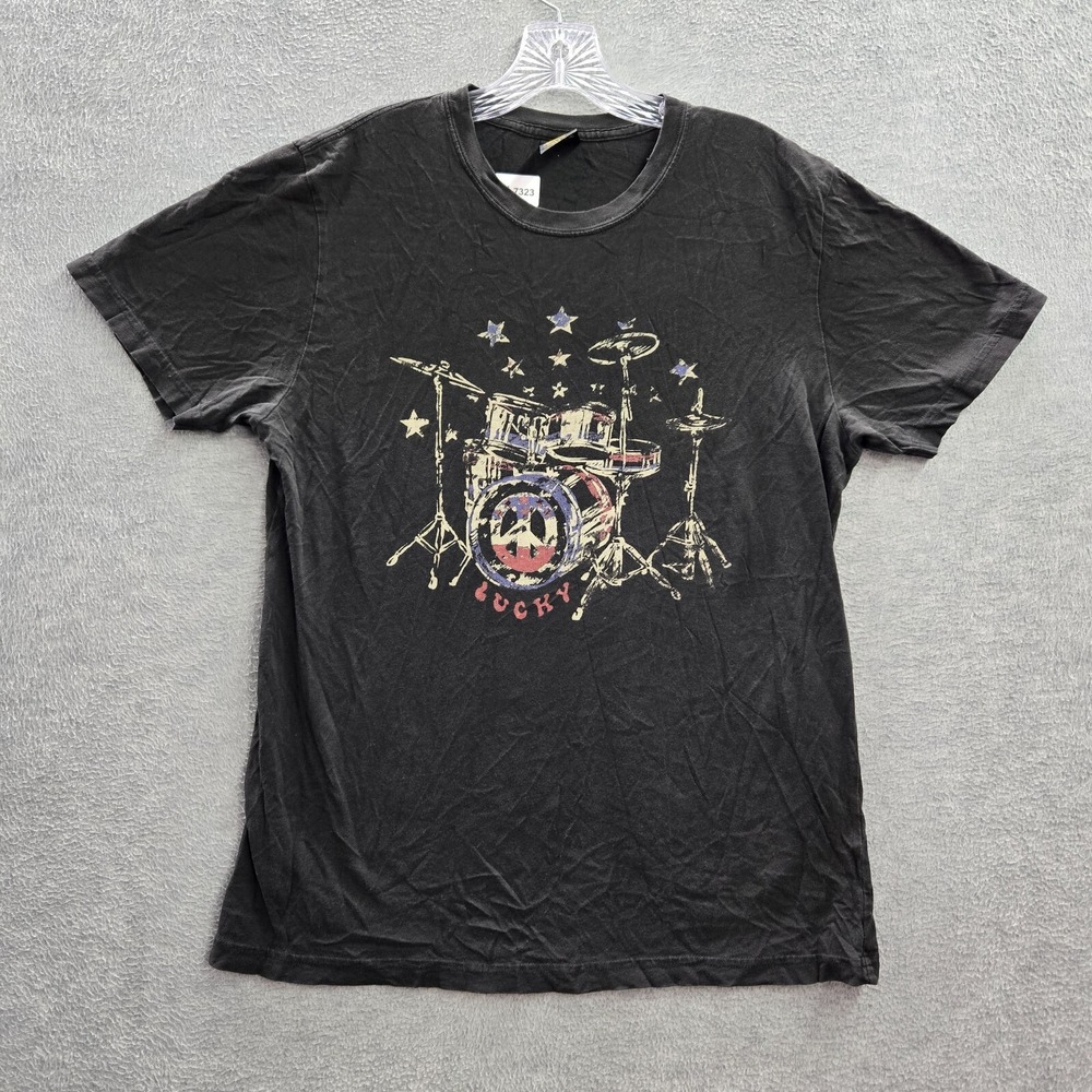 VINTAGE Lucky Brand Men Shirt Medium Black Peace Drum Graphic Y2K Tee READ